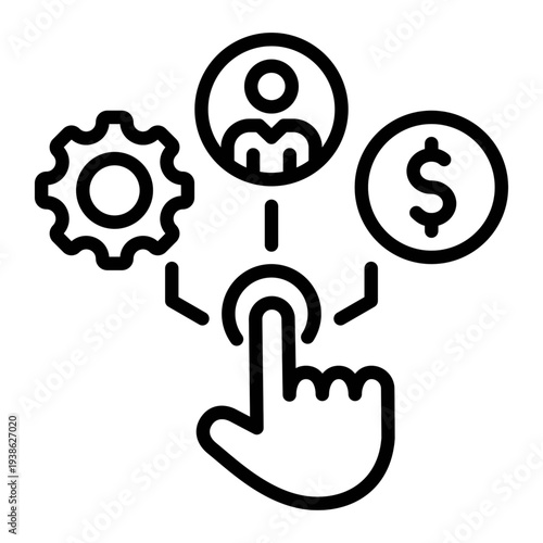 Hand choosing between gear, person and dollar sign icon, vector illustration.
