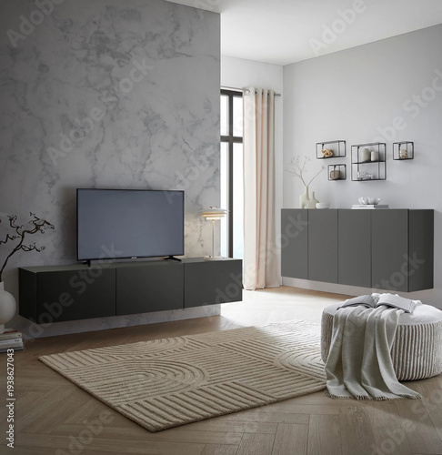 Modern luxury apartment interior in minimal scandinavian style, 3d rendering