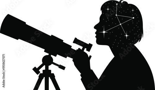 Vector silhouette of a child looking through a telescope