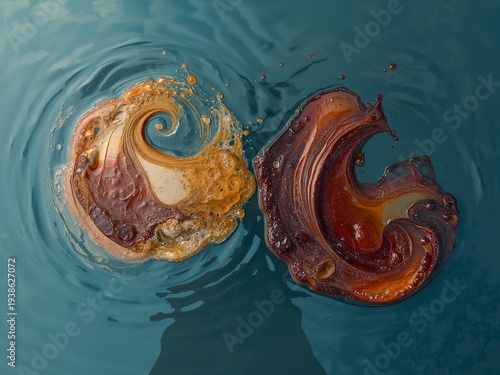 Vibrant ochre and chocolate swirls create a dynamic abstract pattern on teal water. Glossy fluid textures form intricate organic shapes with rippling ripples.