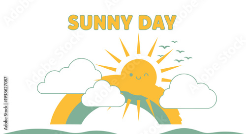 Vector sunny day illustration with smiling sun and rainbow