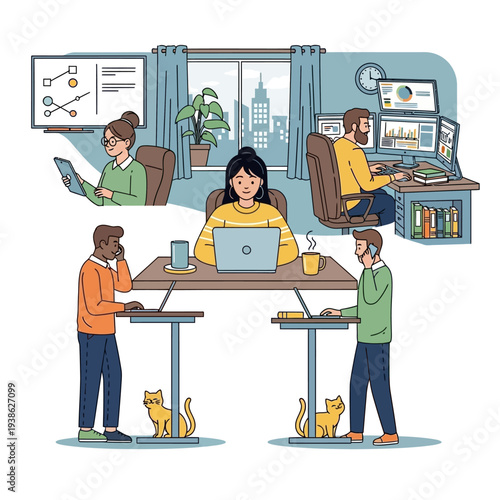 A diverse group of people working together in a modern office space with cats present.