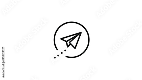 Black line art illustration of a paper airplane inside a circle with a dotted trail