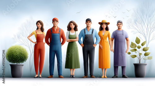 Diverse group of people representing various professions standing together. A community illustrating employment and different career roles in unity