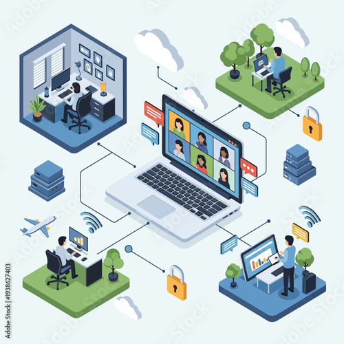 Illustration of a distributed team collaborating remotely using video conferencing and various digital tools, showcasing a modern work-from-anywhere environment.