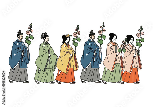 Group of People in Traditional Japanese Kimono Attire Holding Plants.
