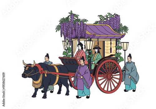 Ancient Japanese Ox Cart with Figures in Traditional Attire.