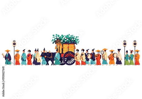Ancient Procession with Ox-Drawn Cart and Figures in Traditional Attire.