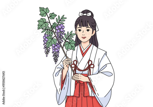 Young Japanese woman in traditional shrine maiden attire holding wisteria flowers.