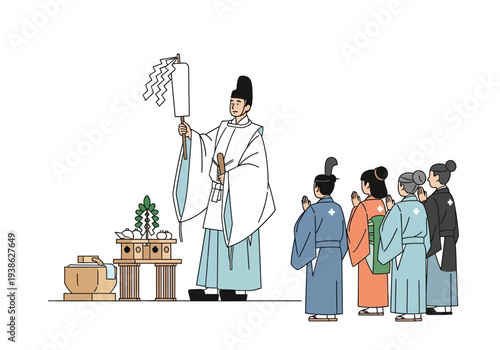 Japanese Shinto Priest Performing Sacred Ritual with Attendees.
