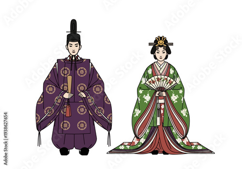 Traditional Japanese Imperial Couple in Formal Attire.