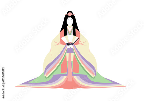 Elegant Japanese Woman in Traditional Kimono Holding a Fan.