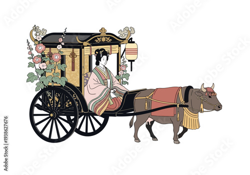 Elegant Japanese woman rides in a decorated ox-drawn carriage.