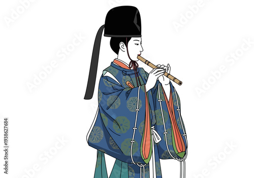 Traditional Japanese Musician Playing a Bamboo Flute in Ancient Attire.