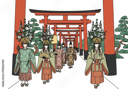 Traditional Japanese procession with people in ceremonial attire.