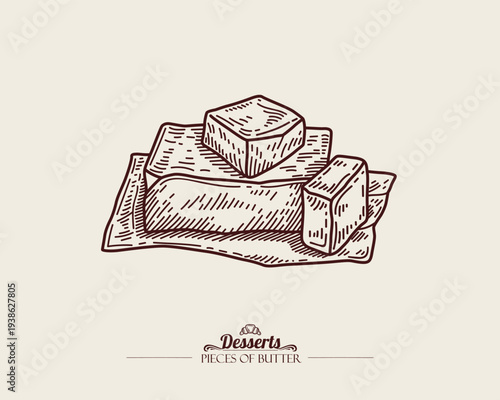 Rectangular piece of butter with cutted ​​pieces. Butter on paper. Graphic drawing. Vector linear illustration, sketch style.