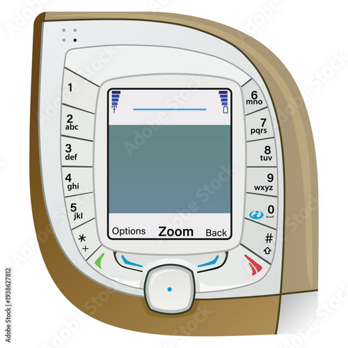 A beige vintage mobile phone with a small screen and number keypad