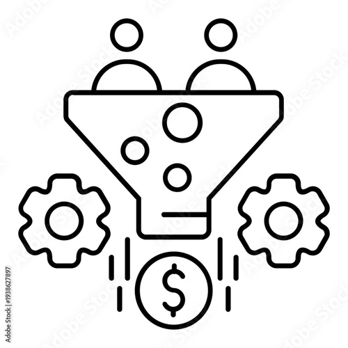 A simple icon representing a monetization funnel with gears and a dollar sign, vector illustration.