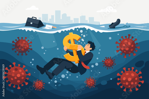 Economic Crisis and Unemployment Concept Illustration of a Businessman Drowning in Water Holding a Dollar Sign Surrounded by Coronavirus COVID-19 Pathogens During Global Financial Recession