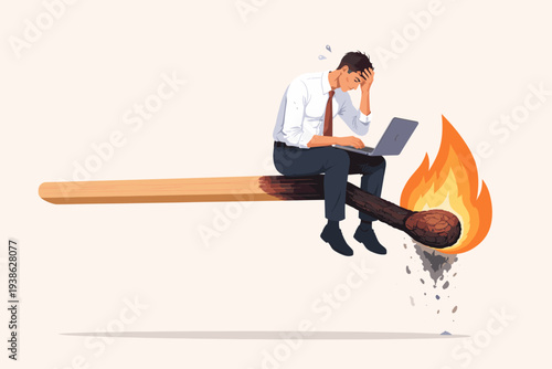 Businessman sitting on a giant burning matchstick while working on a laptop, symbolizing job burnout, extreme work pressure, deadline anxiety, mental exhaustion, and professional fatigue.