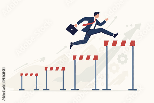 Businessman jumping over hurdles of increasing height to achieve success, overcoming business challenges and obstacles, career growth, ambition, motivation, and professional achievement concept.
