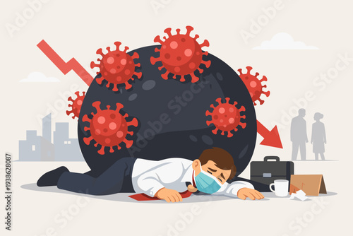 Businessman in face mask crushed by giant coronavirus ball representing economic debt and financial crisis during global pandemic, showing unemployment, business failure, and market crash.