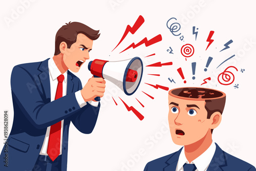 Vector illustration of brainwashing and mental manipulation concept featuring a businessman shouting through a megaphone into another man's open head with symbols of stress and propaganda.