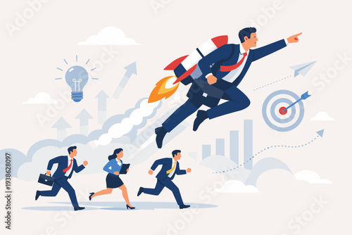 Businessman with rocket jetpack flying ahead of competitors, representing business innovation, leadership, and competitive advantage for winning strategy, success, and corporate growth.