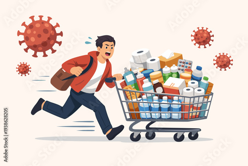 Man frantically running with full shopping cart of supplies during coronavirus pandemic outbreak, panic buying and hoarding food and medicine due to COVID-19 lockdown and quarantine crisis.