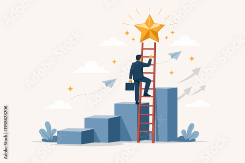 Businessman climbing a ladder on a bar chart to reach a shining golden star, representing career growth, goal achievement, business success, motivation, and reaching for new opportunities.