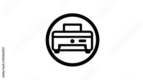 A simple black and white line art icon depicting a printer inside a thick black circular border