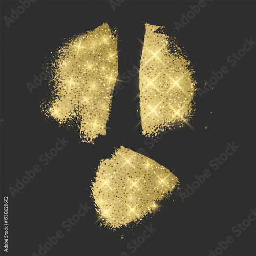 Vector set of three luxury golden brush strokes with glitter texture and shimmering sparkles. Smears with bright lens flares and glowing particles on a dark gray background elements for premium brandi
