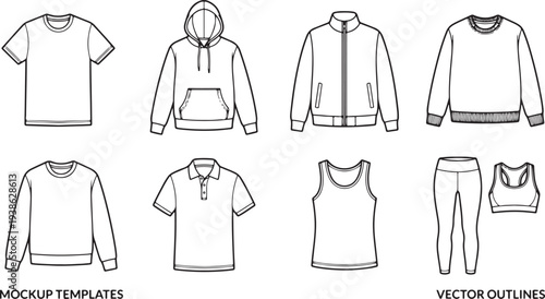 Vector clothing mockup templates for design and fashion including hoodies t shirts jackets and pants