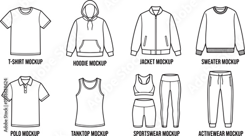 Collection of various clothing items and sportswear mockups on white background for design and branding purposes