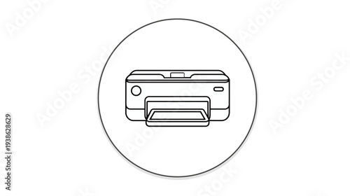 A line drawing of an office printer, framed by a circle, displayed against a white background