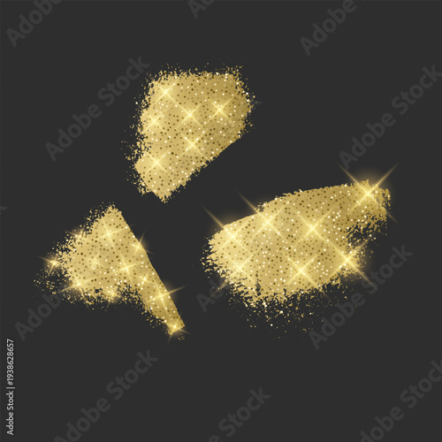 Vector set of three luxury golden brush strokes with glitter texture and shimmering sparkles. Smears with bright lens flares and glowing particles on a dark gray background elements for premium brandi