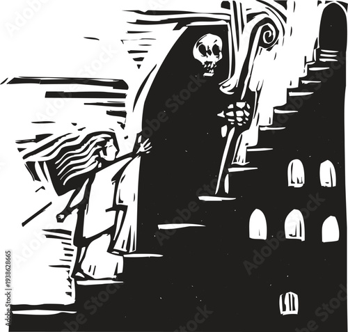 Woodcut style image of death leading a child up a staircase.