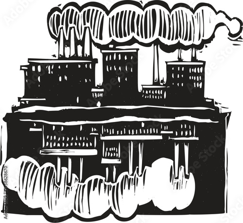 Woodcut style image of a reflected factories. 