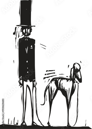 Woodcut style man in a top hat walking a greyhound dog. 