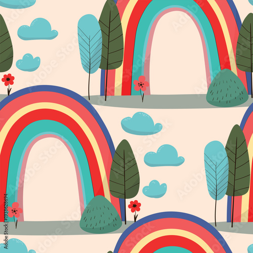 Trendy seamless pattern with colorful rainbow on color background. Design for invitation, poster, card, fabric, textile, fabric. Cute holiday illustration for baby. Scandinavian doodle style.