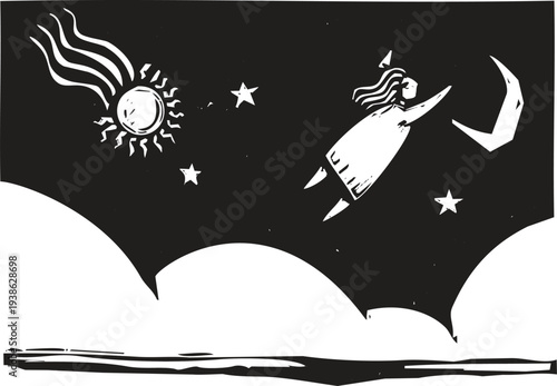 woodcut style image of a woman leaping into teh air to fly.