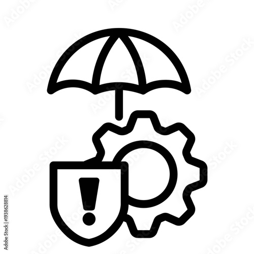 Icon representing security and protection with a gear, umbrella, and shield, vector illustration.