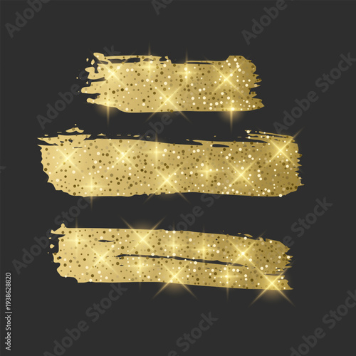 Vector set of three luxury golden brush strokes with glitter texture and shimmering sparkles. Smears with bright lens flares and glowing particles on a dark gray background elements for premium brandi