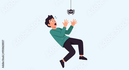 Man Screaming in Fear Reacting to a Dangling Spider Against a Light Blue Wall