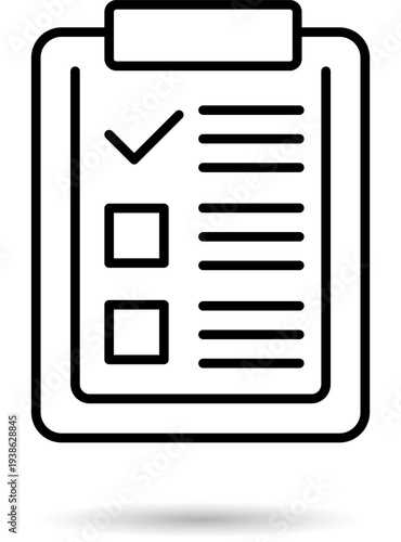 Simple black and white clipboard with checklist illustration, viewed from directly above