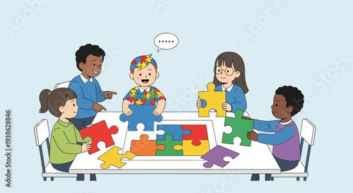 Diverse Children with Autism Playing Puzzle Pieces Together in a Bright Classroom Setting