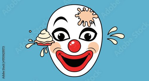 Humorous cartoon clown face with a pie splat on the head on a blue background.