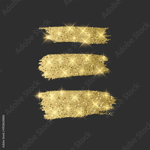 Vector set of three luxury golden brush strokes with glitter texture and shimmering sparkles. Smears with bright lens flares and glowing particles on a dark gray background elements for premium brandi