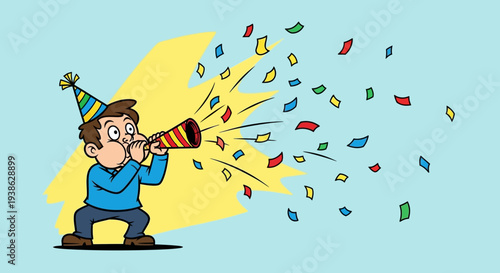 Happy man in party hat blowing a party horn with confetti exploding on a bright studio background.