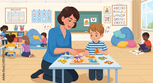 Happy family having fun together in the kitchen while mother and children play chess near the table with food and cake and everyone smiling